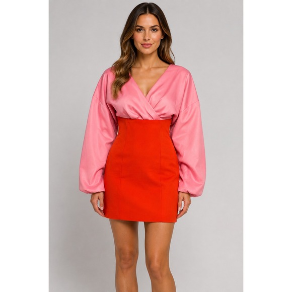 ASOS Dresses & Skirts - ASOS Pink and Red Colorblock Off Shoulder Puff Sleeve Mini Dress US 16 F100676
